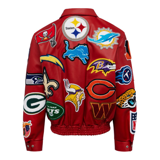 NFL COLLAGE VEGAN LEATHER JACKET Red hover image