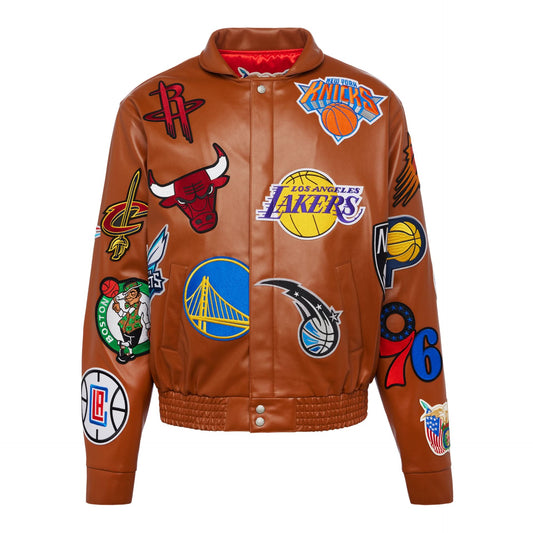 NBA COLLAGE VEGAN LEATHER JACKET Camel hover image