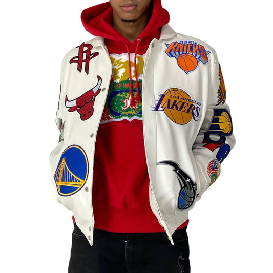 NBA COLLAGE VEGAN LEATHER JACKET White hover image
