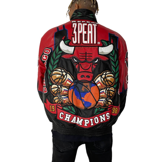 CHICAGO BULLS 3-PEAT CHAMPIONSHIP GENUINE LEATHER JACKET hover image