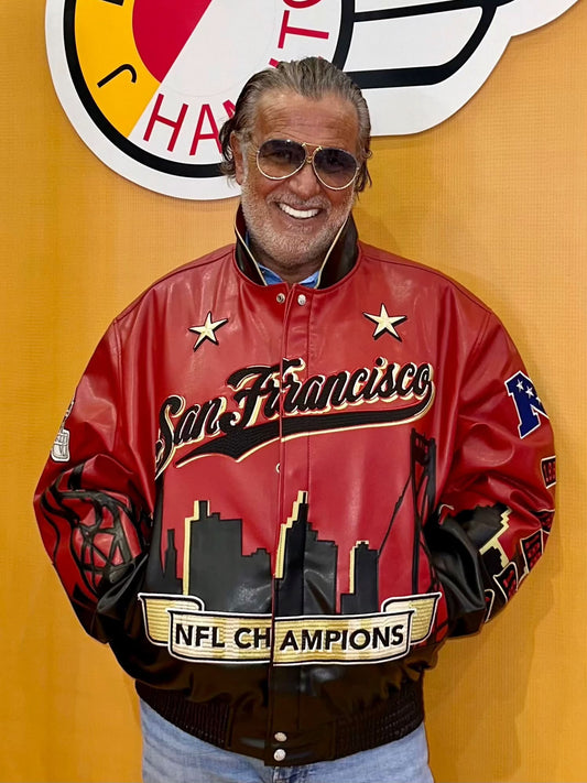 SAN FRANCISCO 49ERS 5X SUPER BOWL CHAMPION SKYLINE VEGAN LEATHER JACKET hover image