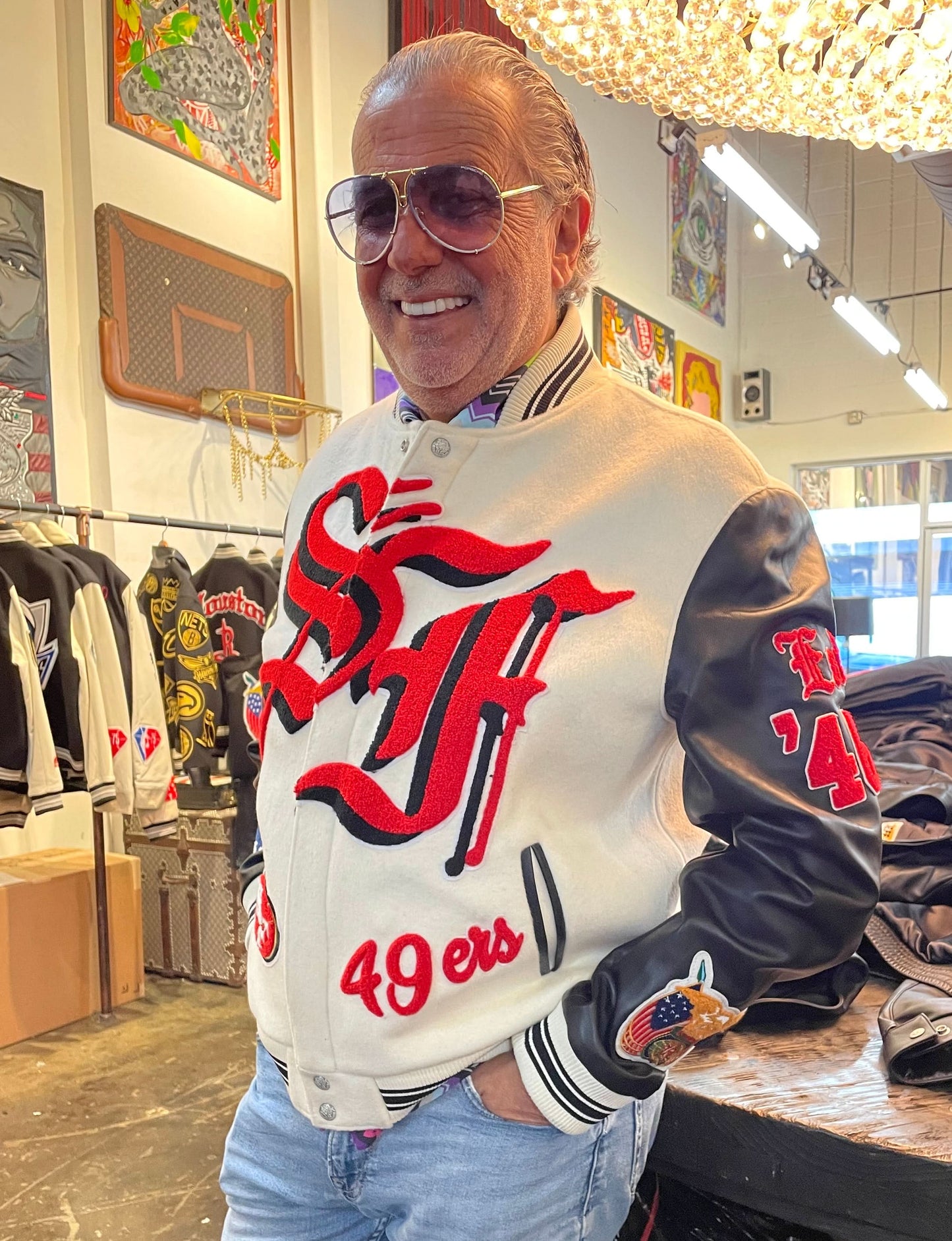 SAN FRANCISCO 49ERS WOOL & LEATHER VARSITY JACKET Off White/Black