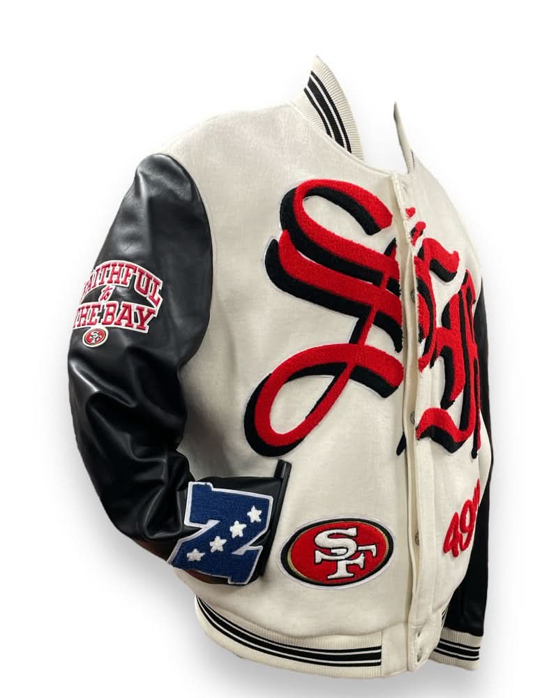 SAN FRANCISCO 49ERS WOOL & LEATHER VARSITY JACKET Off White/Black