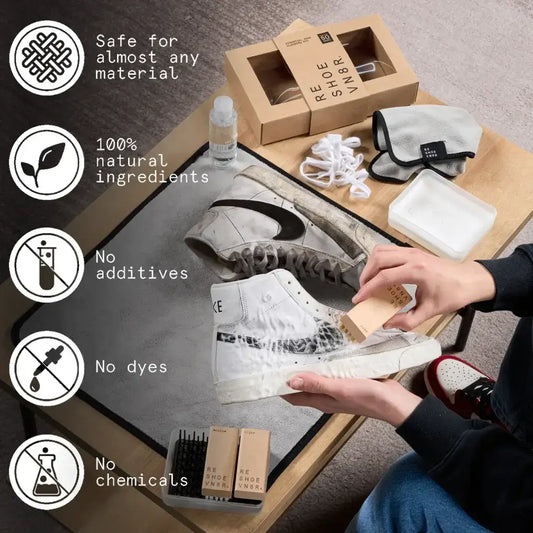Shoe cleaning kit with text denoting natural ingredients and safe for various materials, hands are cleaning a sneaker where one is clean and one is dirty. hover image
