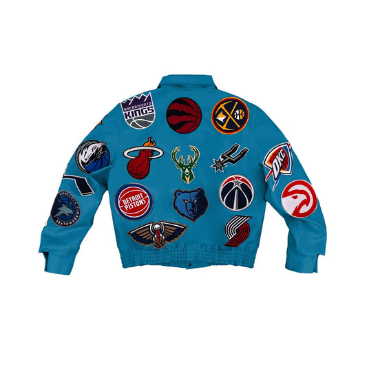 NBA COLLAGE VEGAN LEATHER JACKET Teal hover image