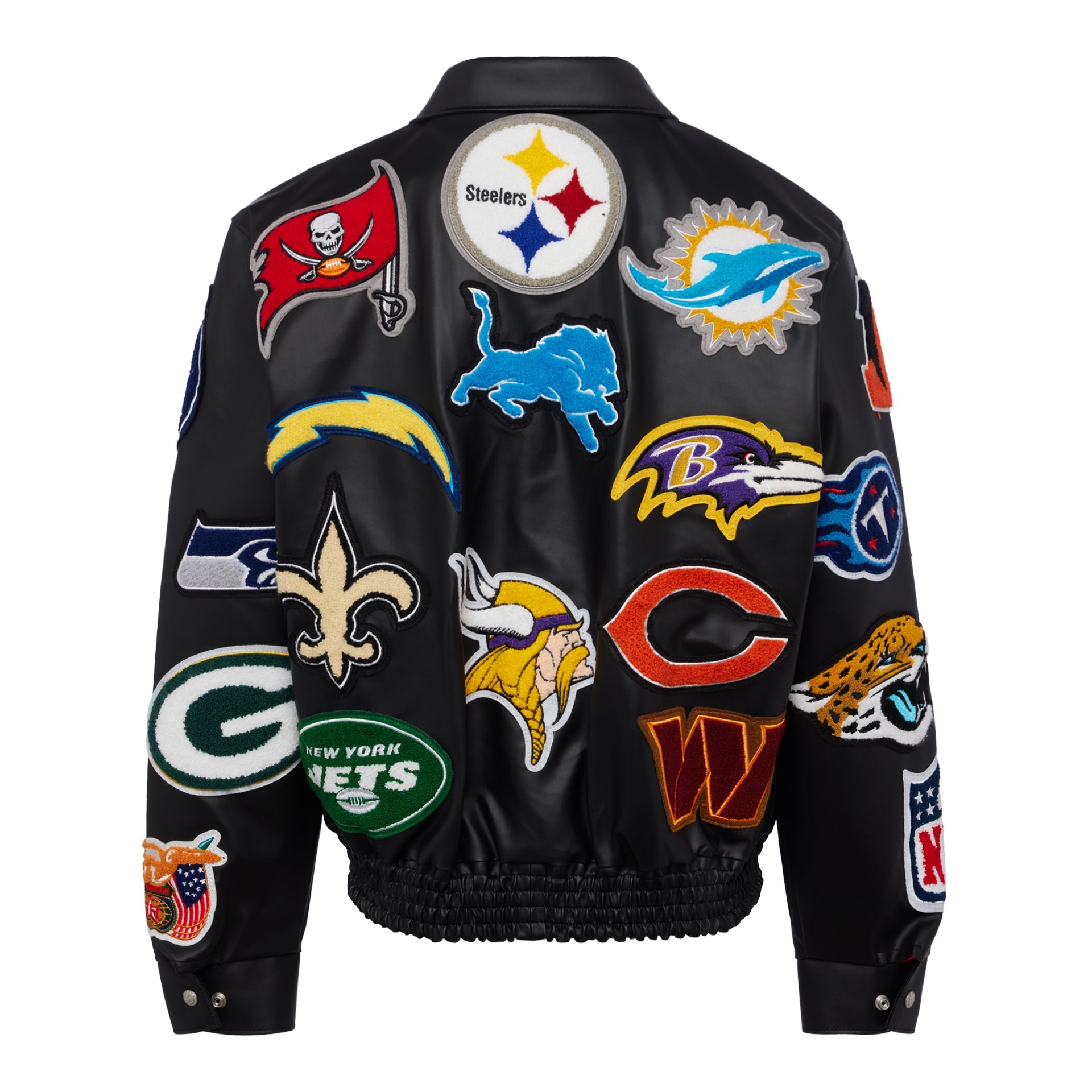 NFL COLLAGE VEGAN LEATHER JACKET Black