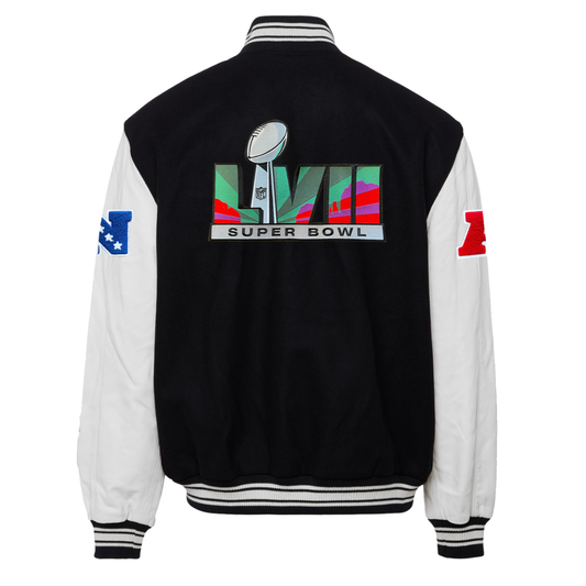 SUPER BOWL LVII WOOL & LEATHER VARSITY JACKET Black/White hover image