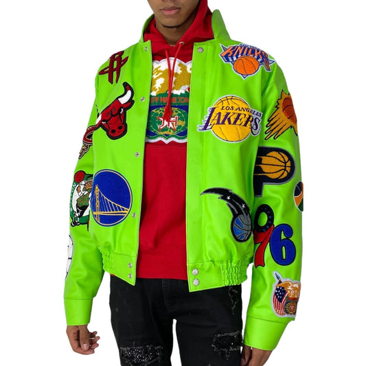 NBA COLLAGE VEGAN LEATHER JACKET Lime