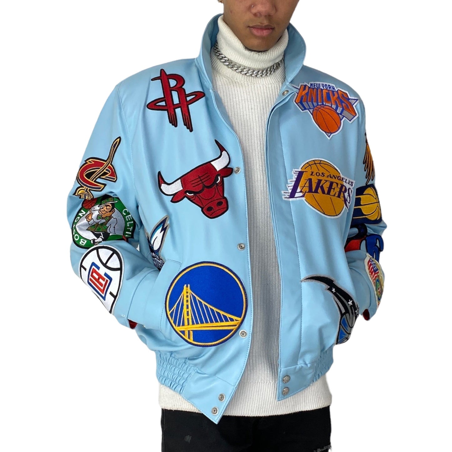 NBA COLLAGE VEGAN LEATHER JACKET Baby Blue