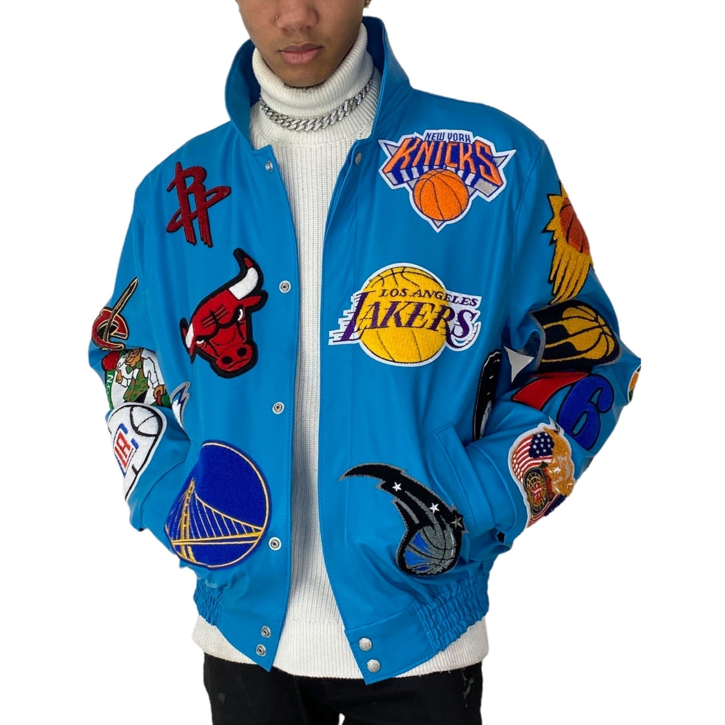 NBA COLLAGE VEGAN LEATHER JACKET Teal