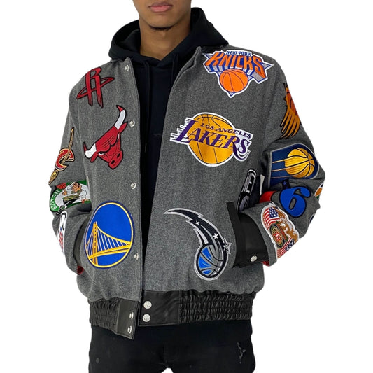 NBA COLLAGE WOOL & LEATHER JACKET Grey