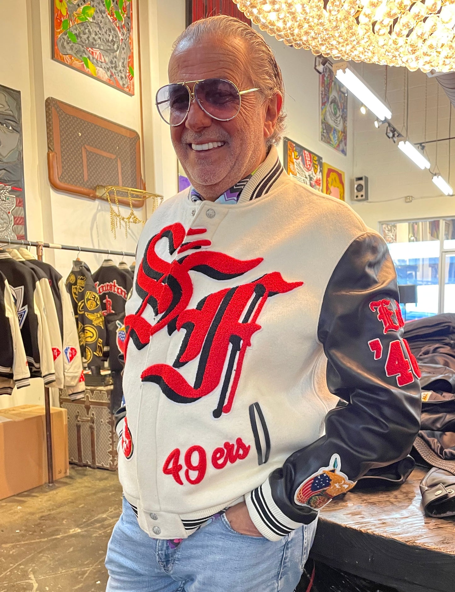 SAN FRANCISCO 49ERS WOOL & LEATHER VARSITY JACKET Off White/Black