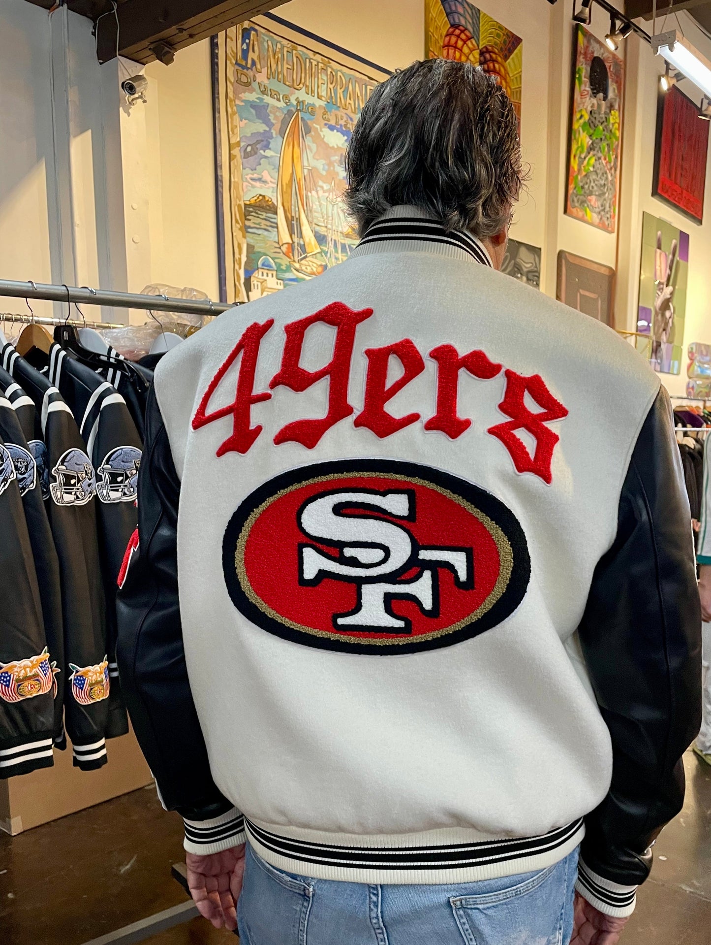 SAN FRANCISCO 49ERS WOOL LEATHER VARSITY JACKET Off White Black Impossible Kicks