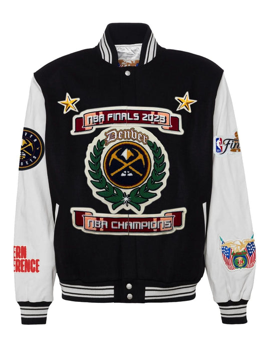 DENVER NUGGETS NBA CHAMPIONSHIP WOOL & LEATHER VARSITY JACKET BLACK/WHITE