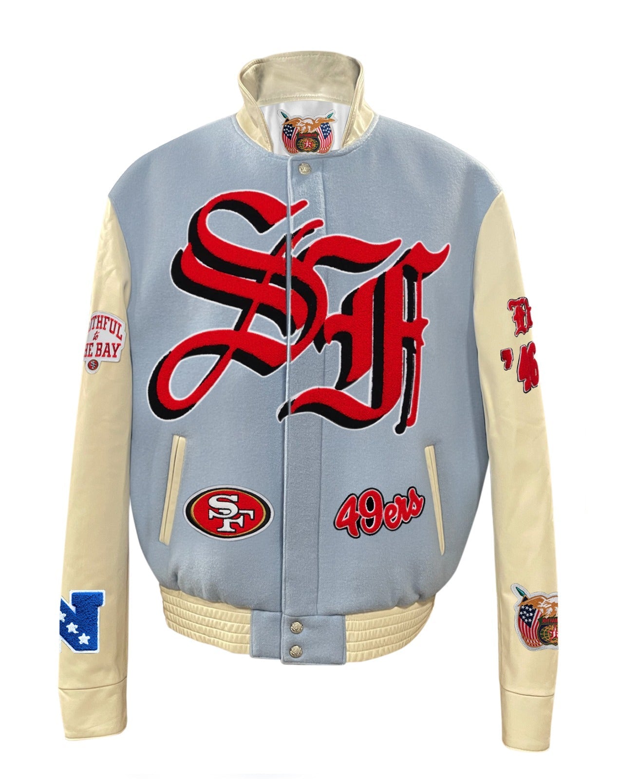 SAN FRANCISCO 49ERS WOOL & LEATHER VARSITY JACKET Baby Blue/Black