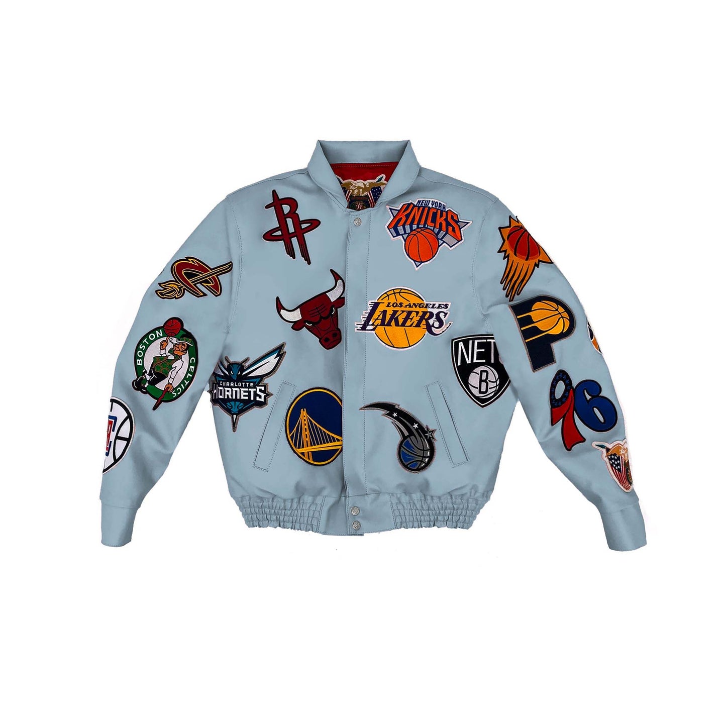 NBA COLLAGE VEGAN LEATHER JACKET Baby Blue