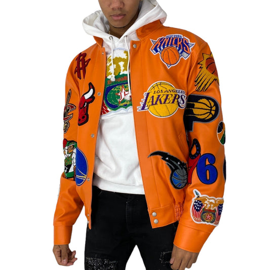 NBA COLLAGE VEGAN LEATHER JACKET Orange hover image