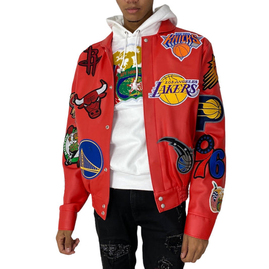 NBA COLLAGE VEGAN LEATHER JACKET Red hover image