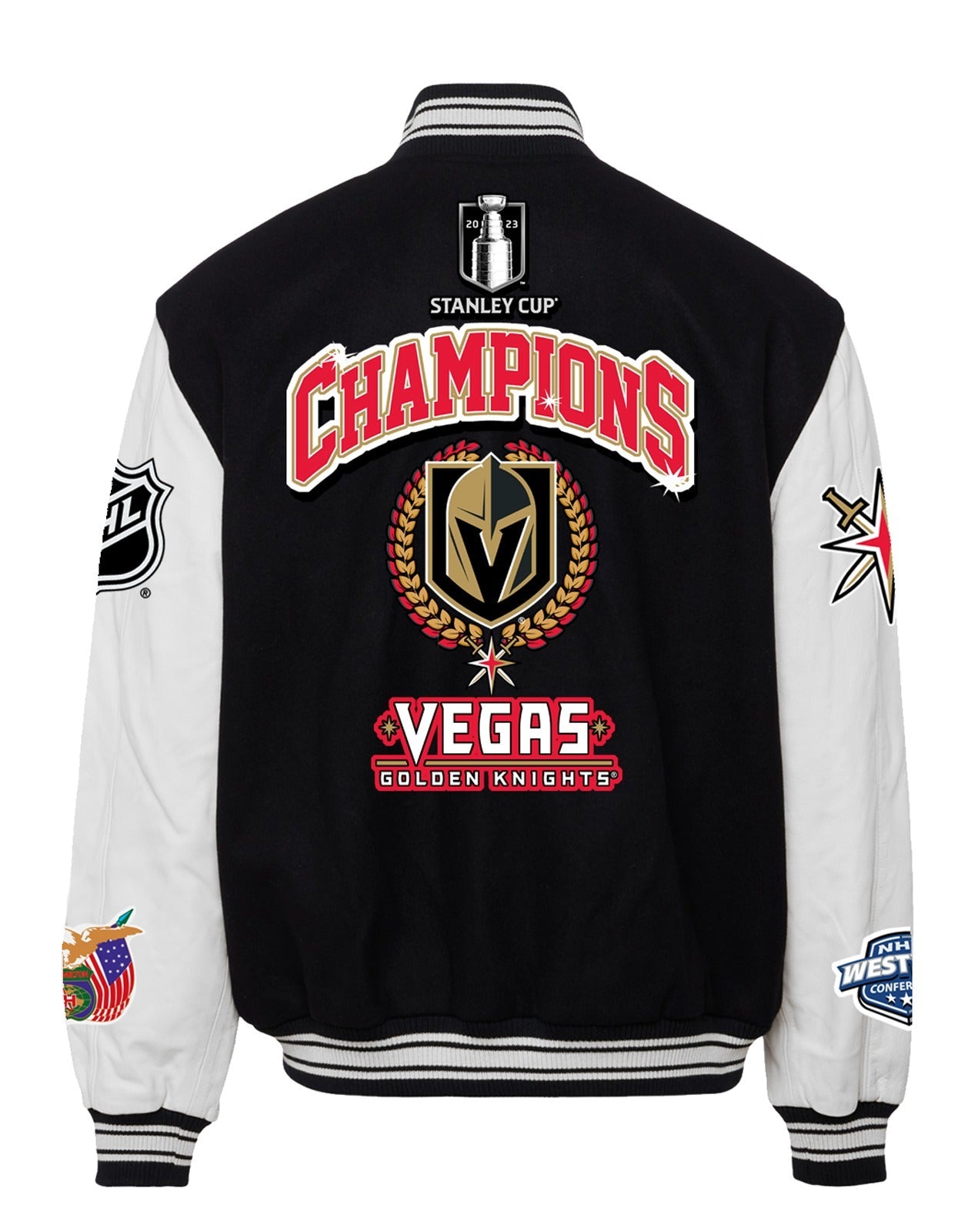 VEGAS GOLDEN KNIGHTS NHL STANLEY CUP CHAMPIONS WOOL & LEATHER VARSITY JACKET BLACK/WHITE