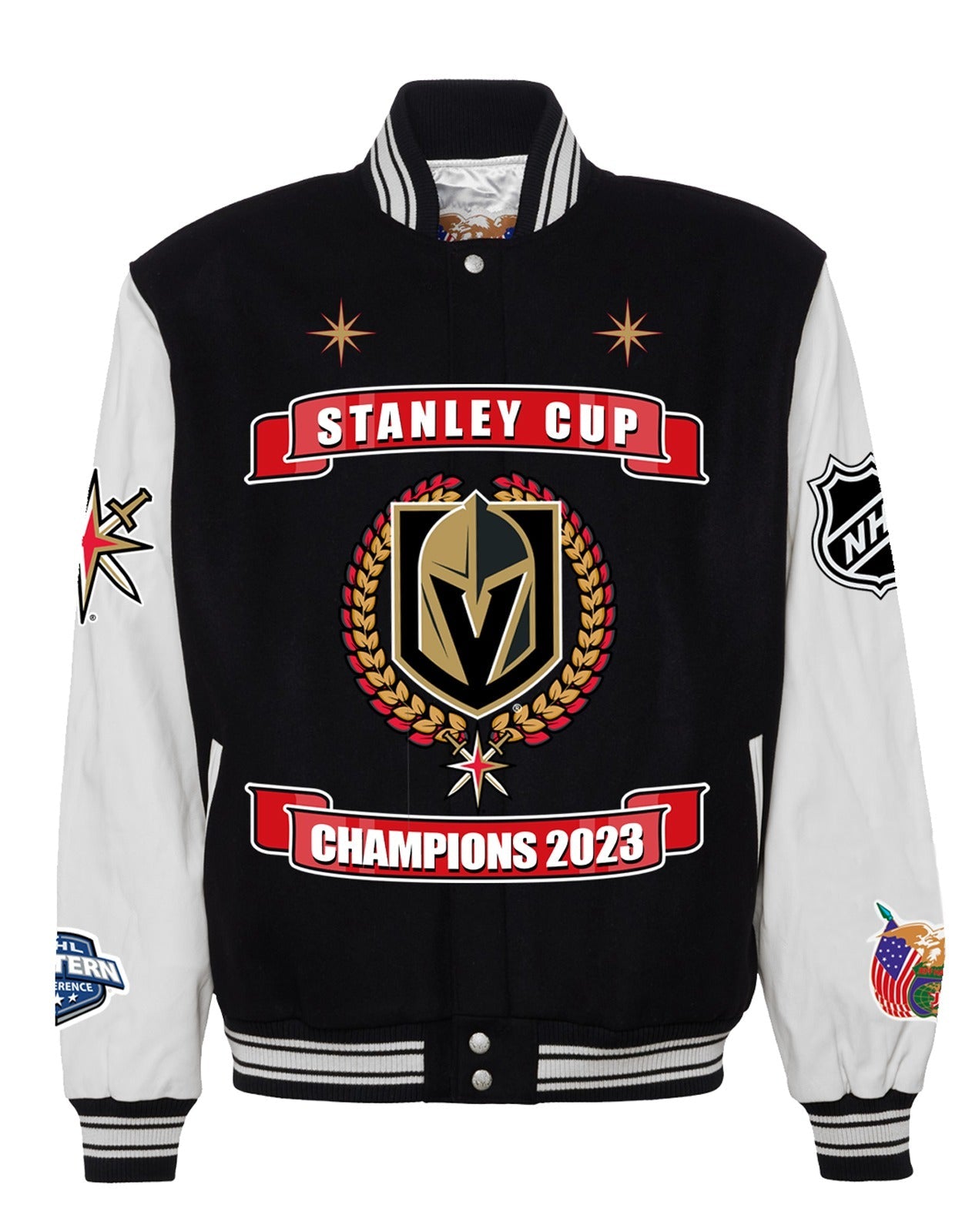 VEGAS GOLDEN KNIGHTS NHL STANLEY CUP CHAMPIONS WOOL & LEATHER VARSITY JACKET BLACK/WHITE